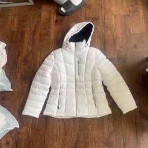 Calvin Klein white puffer jacket with fur-lined hood